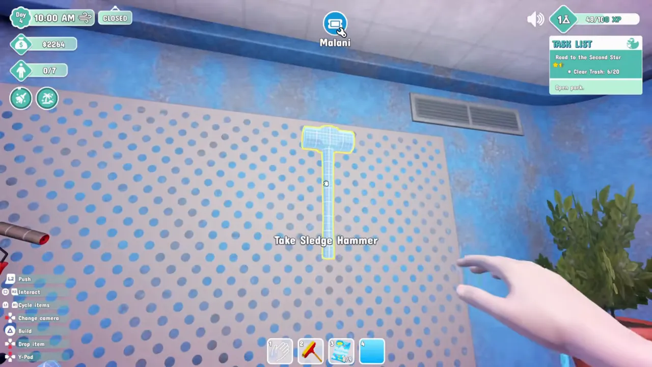 A sledgehammer outline on a blue pegboard wall indoors, with the prompt Take Sledge Hammer