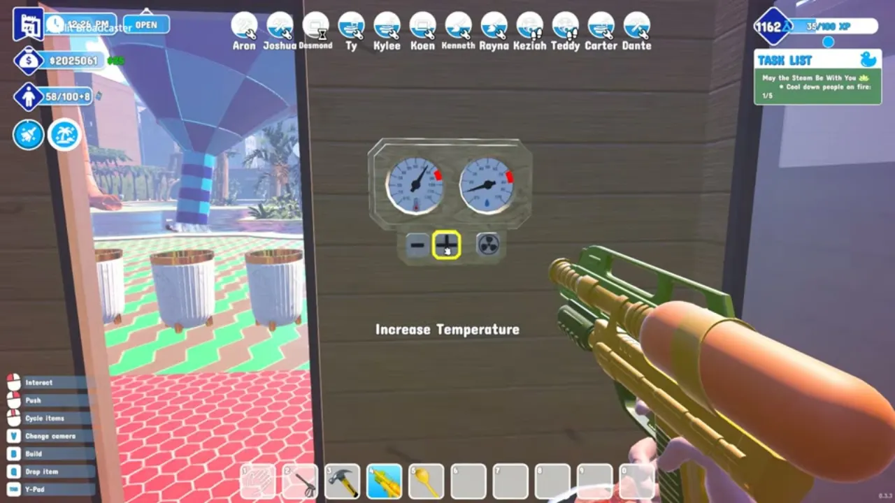 Inside a Waterpark Simulator sauna: the temperature control panel with both dials pushed into the red and the Increase Temperature tooltip showing