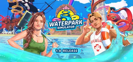 Waterpark Simulator key art showing two characters in front of colourful water slides