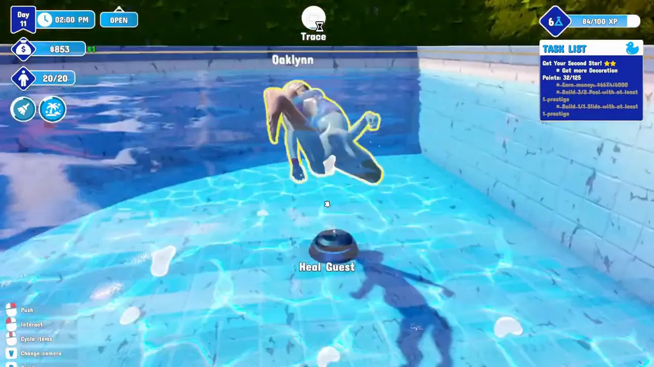 An injured guest named Oaklynn outlined in yellow in a pool, with the Heal Guest prompt below
