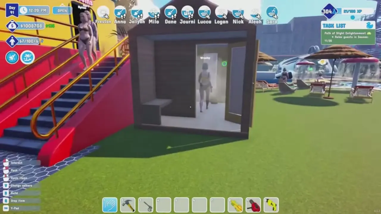 Waterpark Simulator gameplay with the task list panel open in the top right, showing Path of Slight Enlightenment and Relax guests in Saunas 11/20