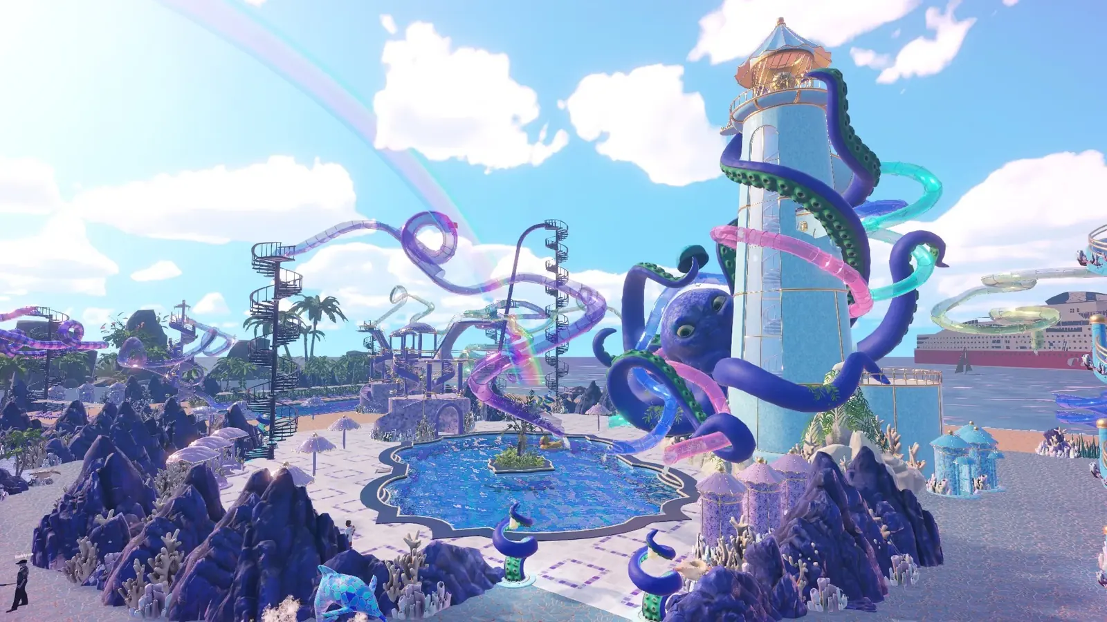 A large Waterpark Simulator park with a giant octopus lighthouse, spiral slides and a rainbow