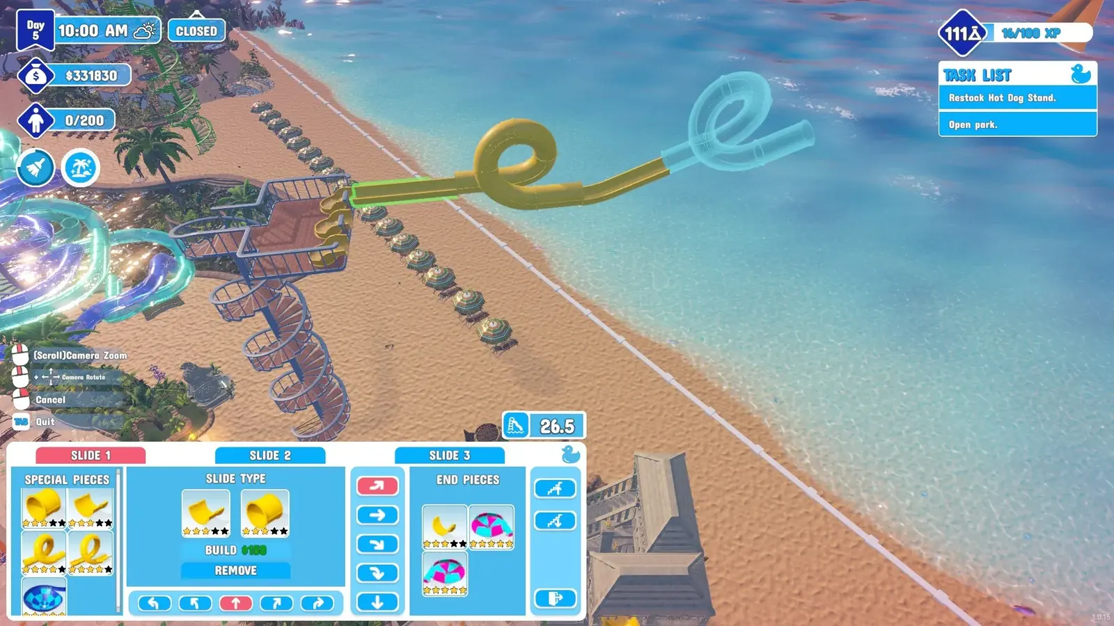 A Waterpark Simulator park with slides, pools and decorated grounds