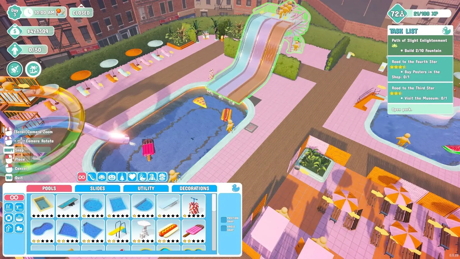 The Waterpark Simulator build menu with pools, slides and decoration tabs open over a park