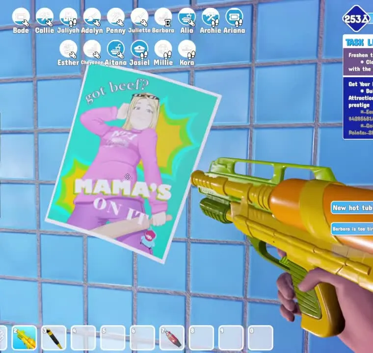 The Mama poster on a blue tiled wall in Waterpark Simulator, reading got beef? MAMA'S ON IT, with the player holding a water gun