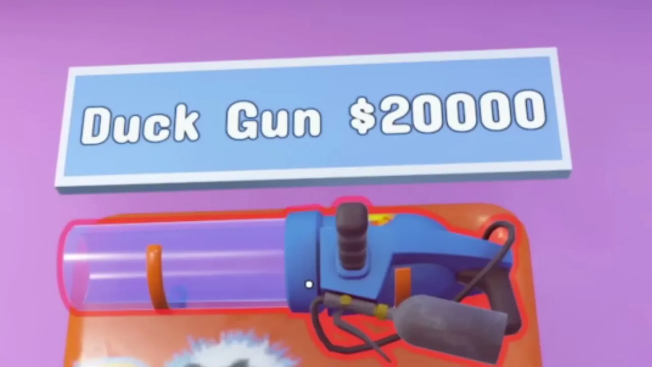 Close-up of the Duck Gun on its display in Caymart under a sign reading Duck Gun $20000