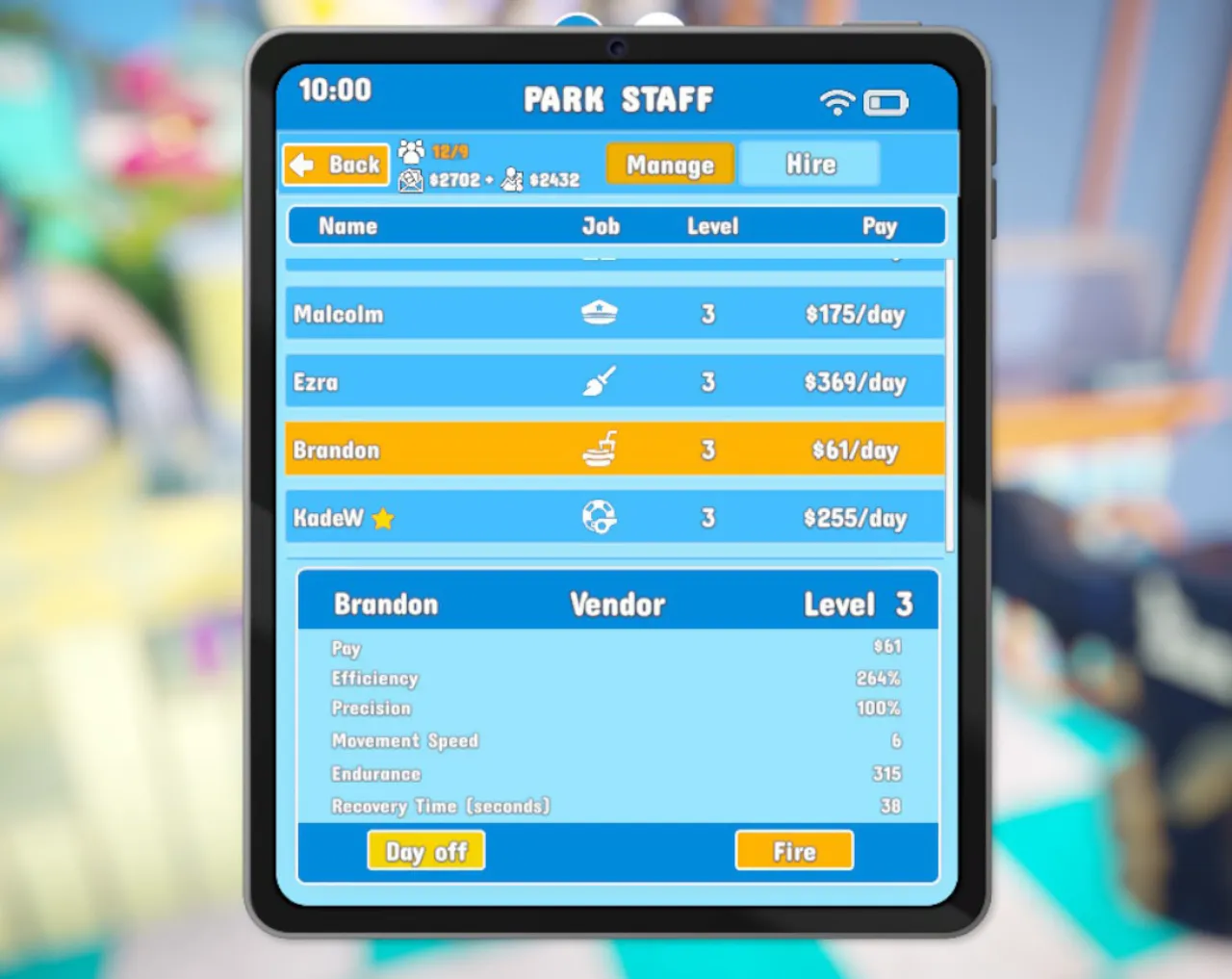 The Park Staff tablet screen in Waterpark Simulator with a vendor selected and the new Day off button next to Fire