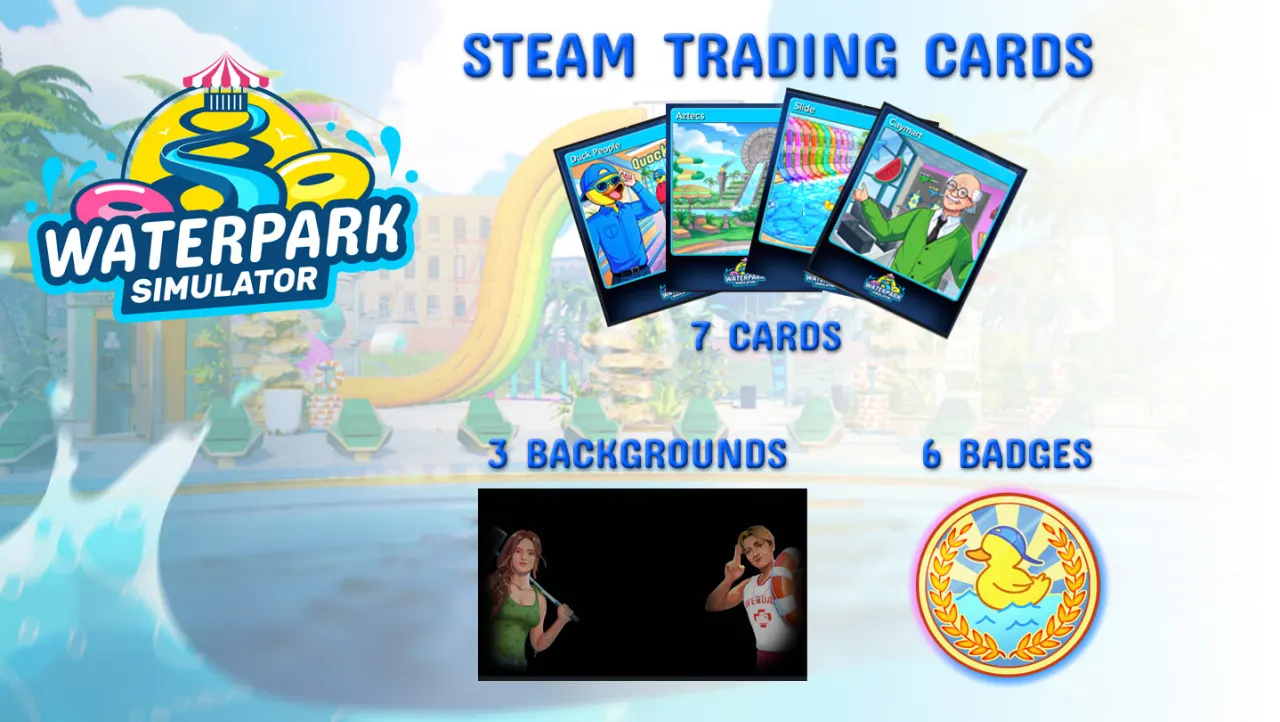 The seven Waterpark Simulator Steam trading cards added on 21 August