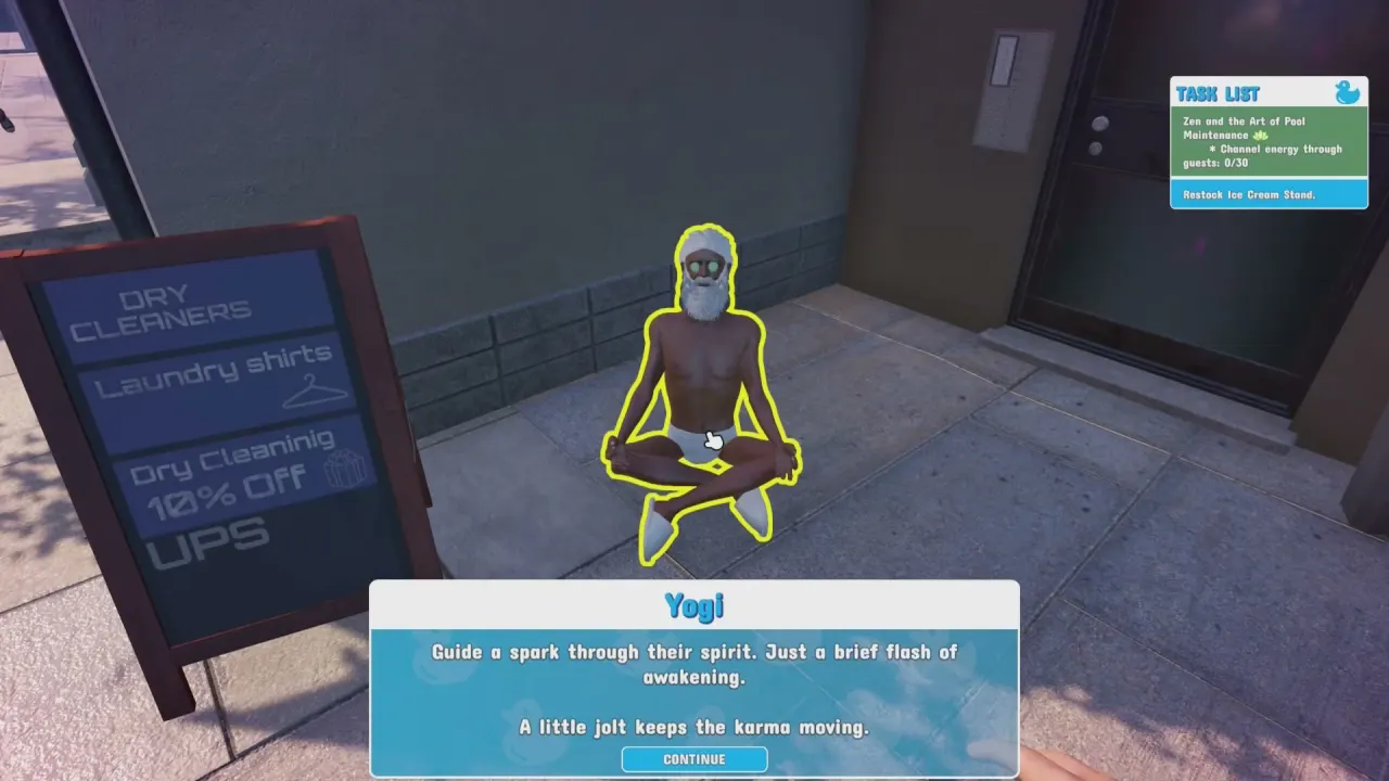 The Yogi meditating outside the park with the dialogue box reading Guide a spark through their spirit